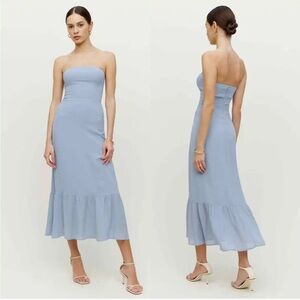 Reformation Blue Arta Strapless Midi Dress In Mineral Size 6